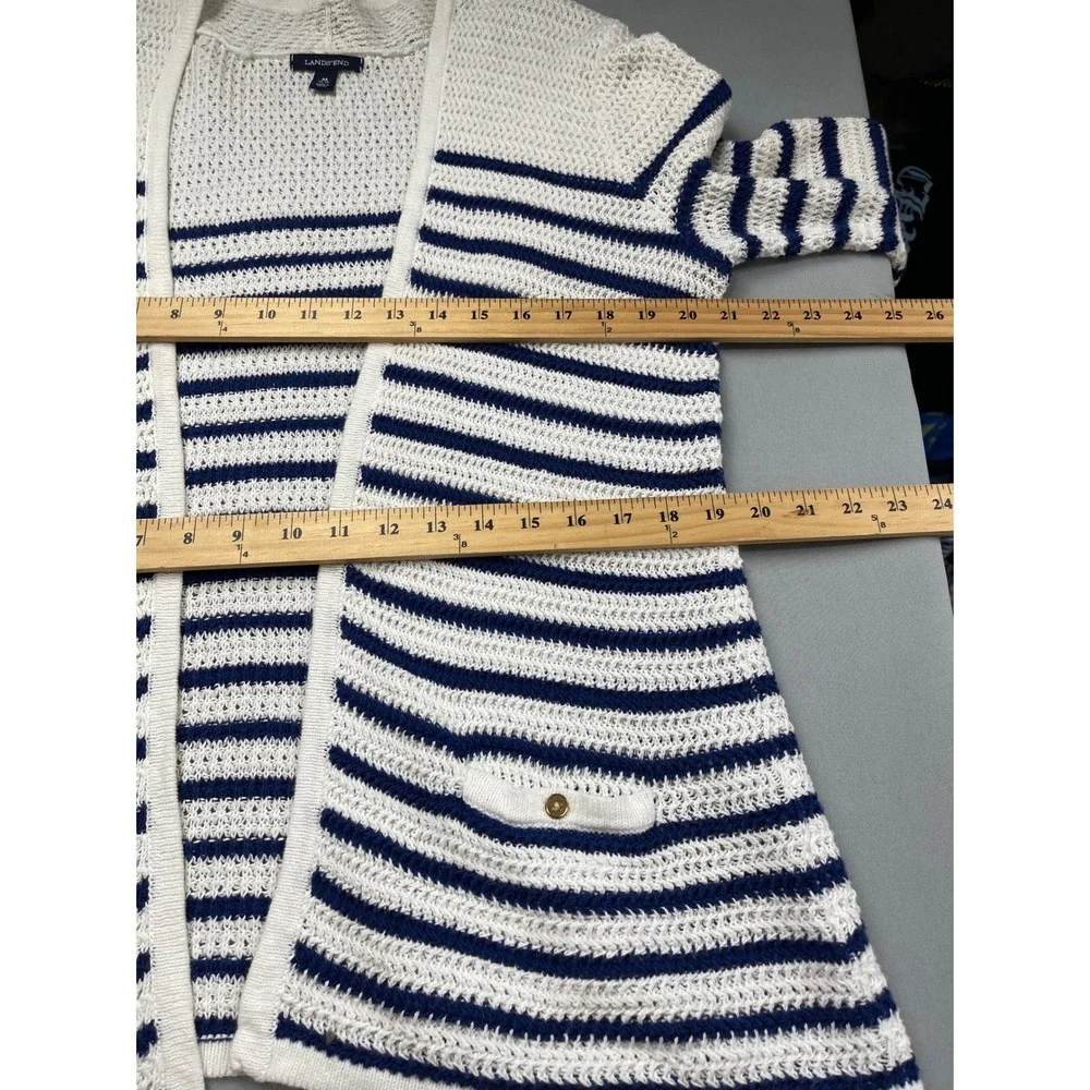 Lands‎ End Womens Medium White Navy Blue Striped Linen Cotton Cardigan Sweater